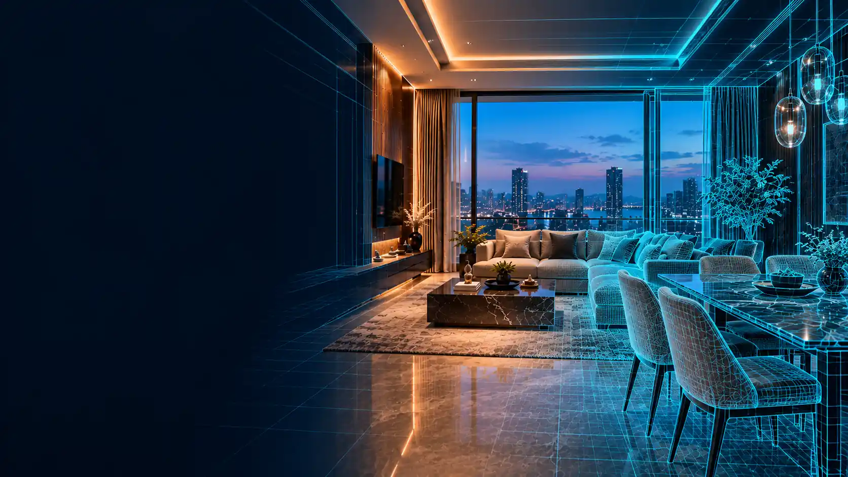 Luxury living and dining room shown as a 3D wireframe on the left turning into the finished interior with cove lighting and a city view