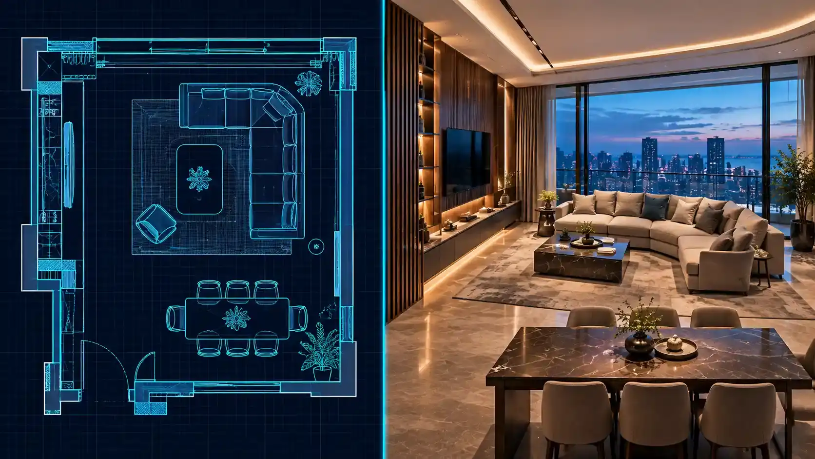Split view of one apartment living room: a 2D cyan floor plan on the left and the same room as a realistic 3D visual on the right