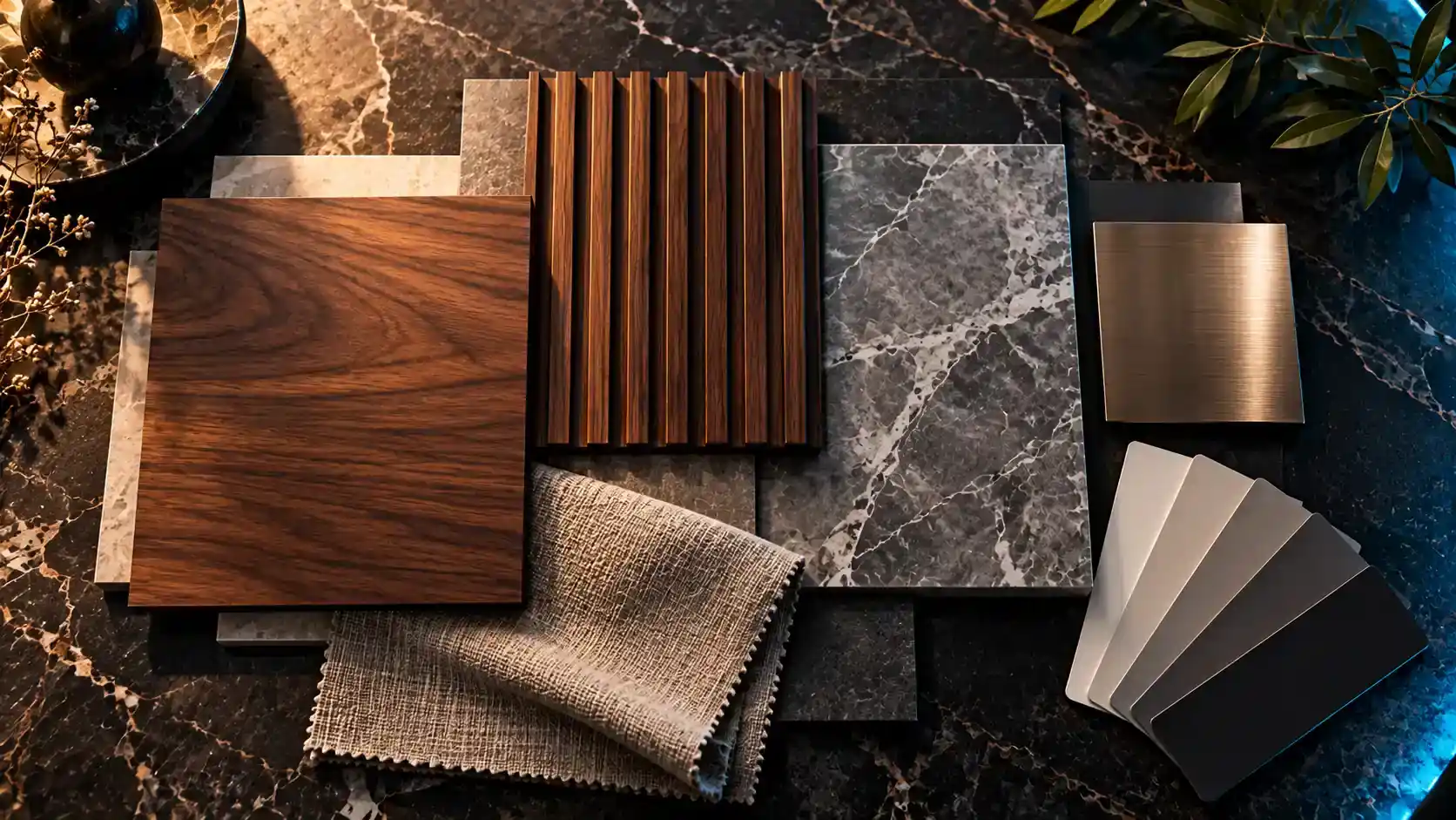 Flat-lay of interior material samples: walnut veneer, fluted wood panel, grey marble tile, linen fabric, brushed metal and paint colour cards on a dark stone surface