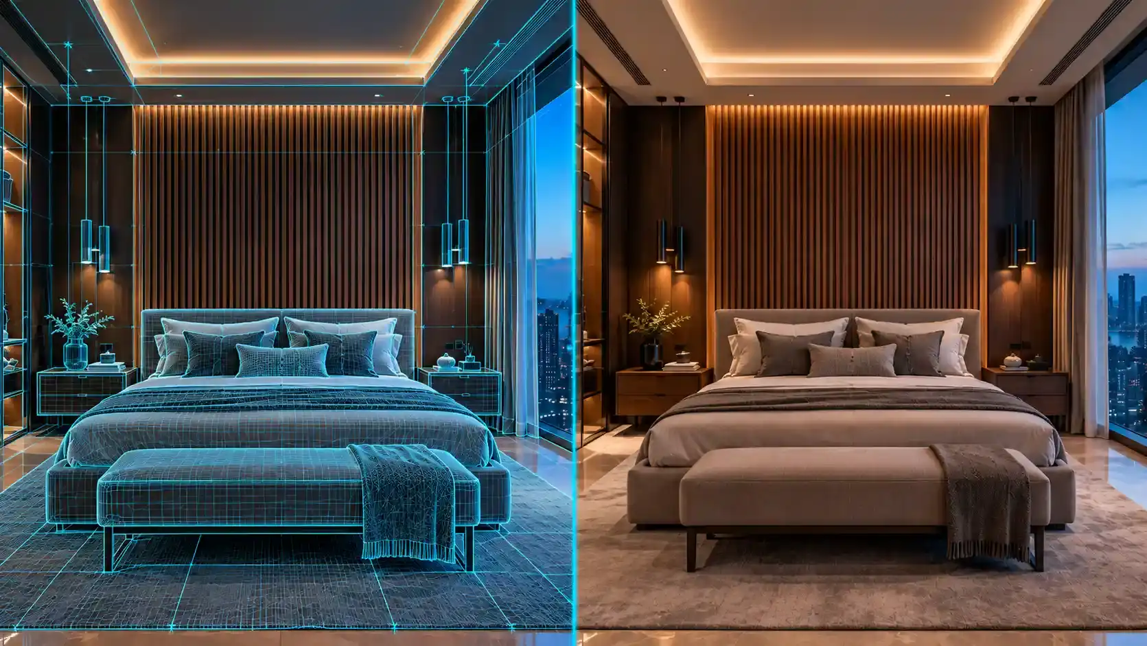 A luxury bedroom shown side by side: the 3D wireframe model on the left and the finished, rendered room on the right