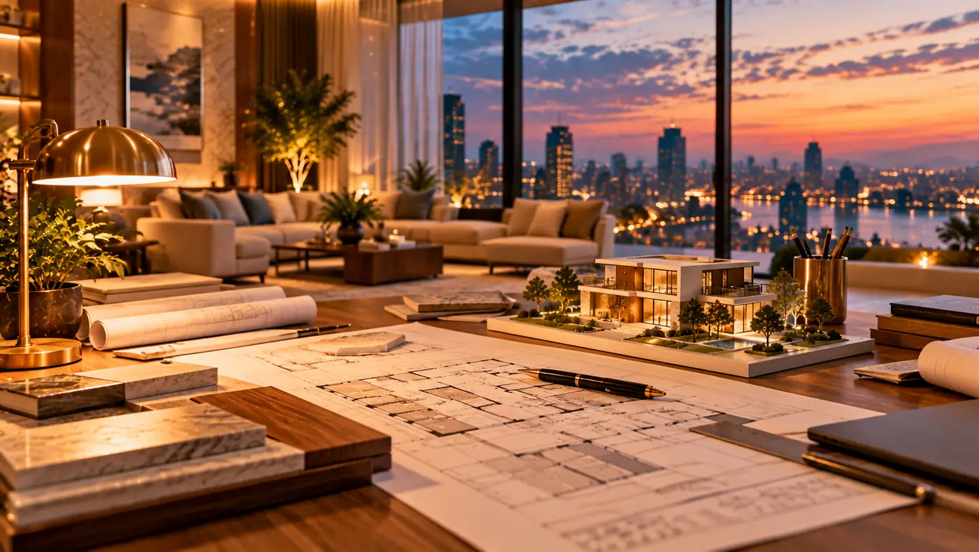 Architect's desk with floor plans, a scale model and a sunset city view