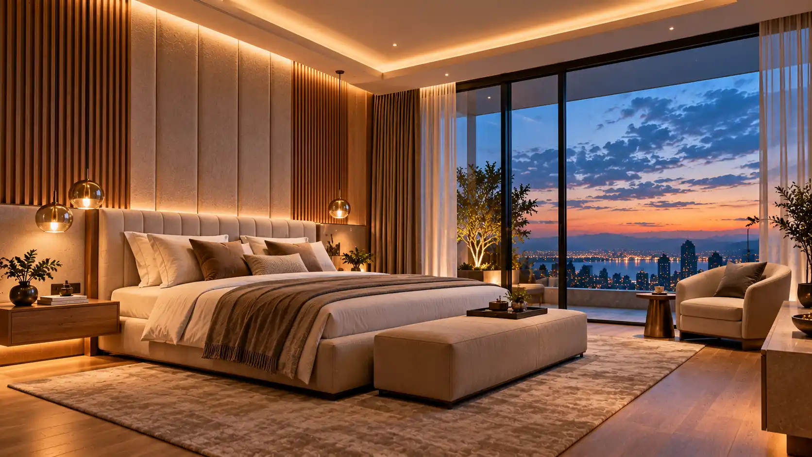 Luxury bedroom with oak slat panelling and a sunset city view