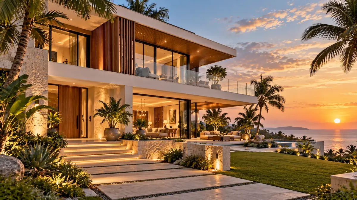 Contemporary coastal villa with a lit entrance steps and an ocean sunset