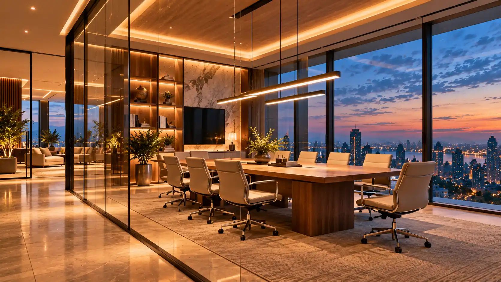 Corporate office boardroom with glass partitions, a long oak table and a city skyline at sunset