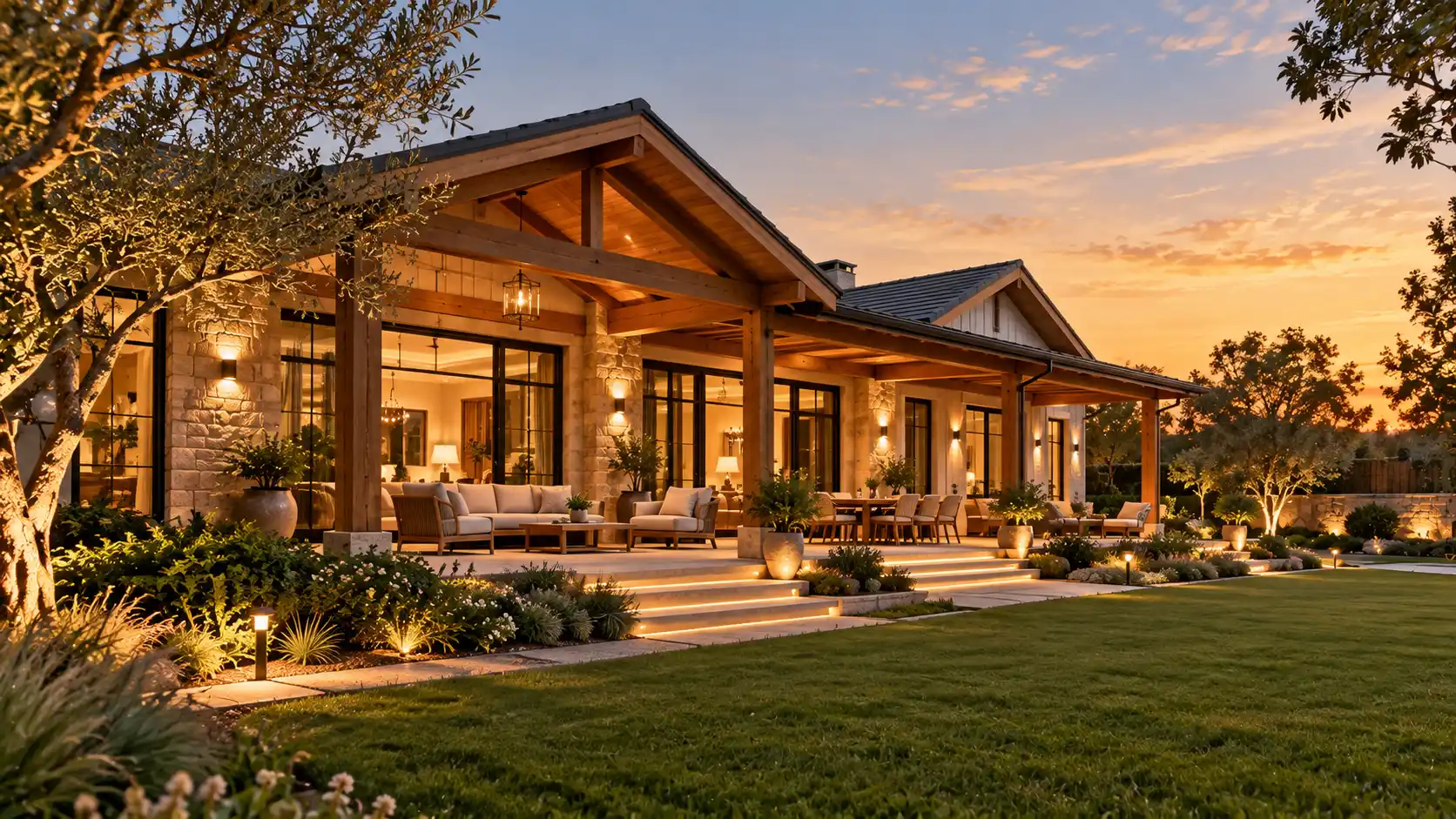 Farmhouse bungalow with a timber veranda, lit steps and garden at sunset