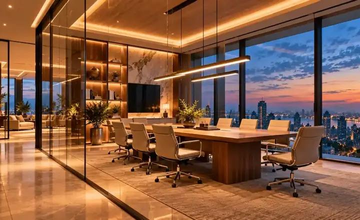 Corporate boardroom with a long oak table and city skyline view