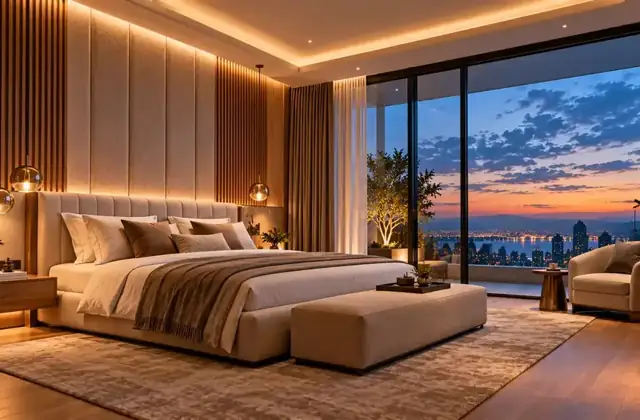 Luxury bedroom with oak slat panelling and a sunset city view