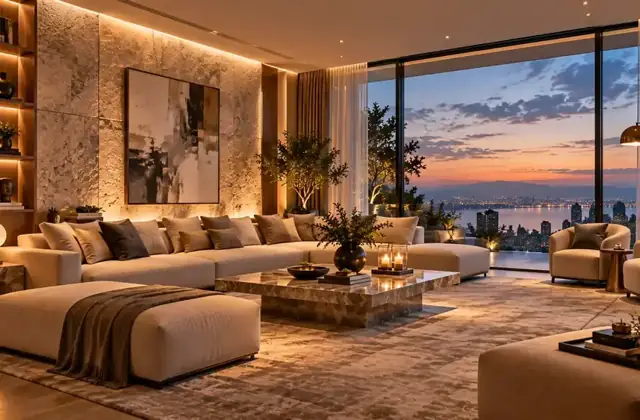Luxury living room with a stone feature wall at sunset