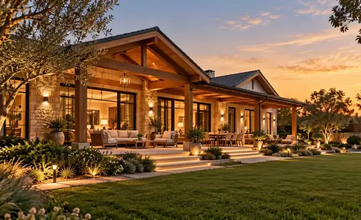 Modern farmhouse bungalow with a covered veranda at sunset