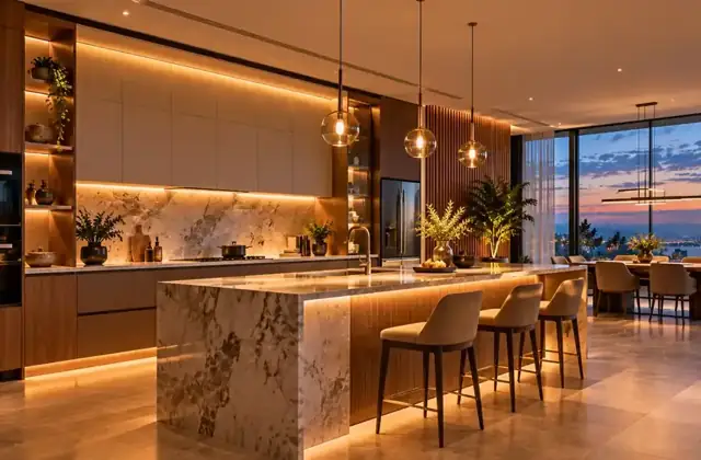Modern luxury kitchen with a marble island at dusk