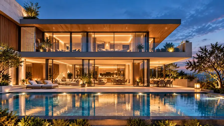Modern two-storey villa with a lit pool at twilight