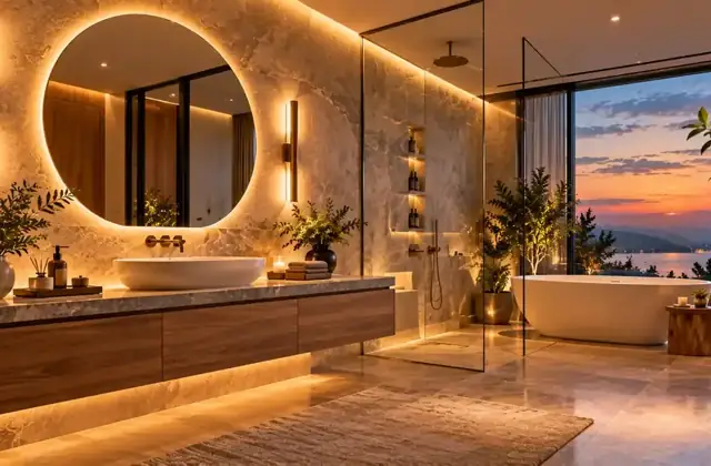 Spa-style wash room with a backlit round mirror and freestanding tub