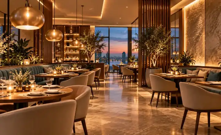 Upscale candlelit restaurant interior at dusk