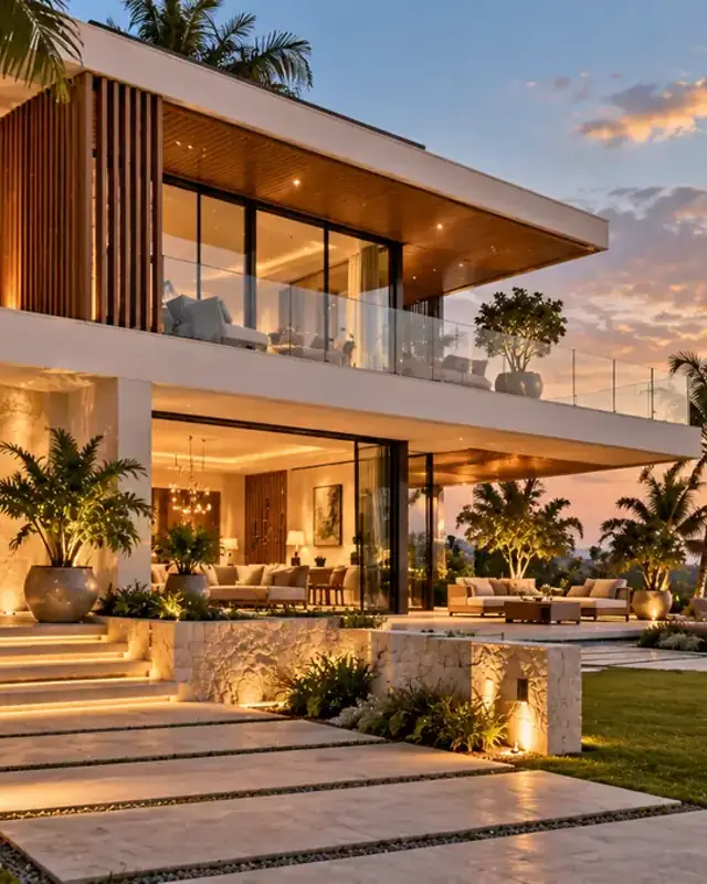 Contemporary coastal villa with lit entrance steps and an ocean sunset