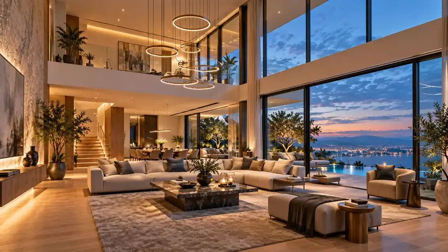 Double-height luxury living room at twilight with a bay view