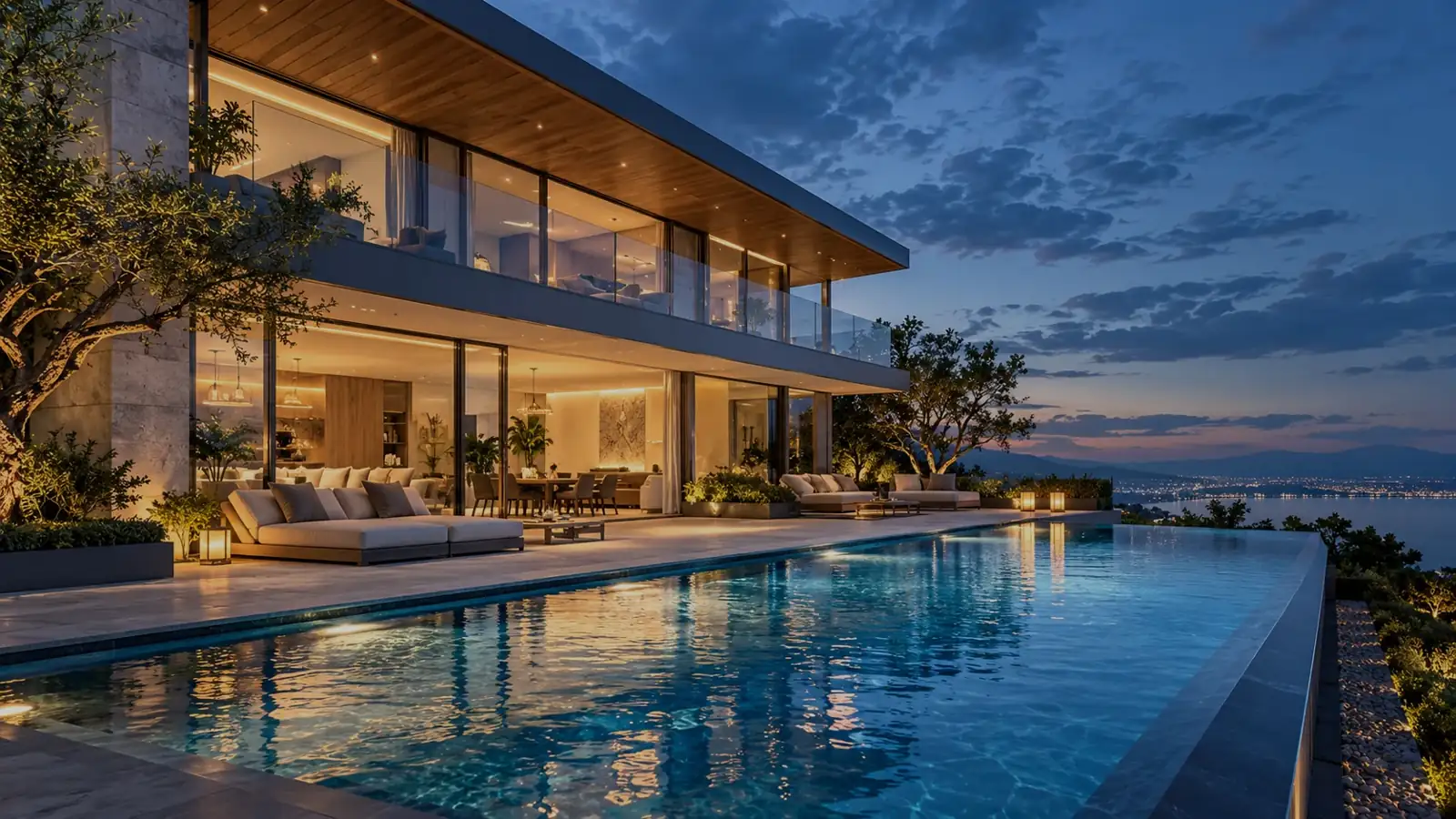 Modern luxury villa at twilight with a lit infinity pool