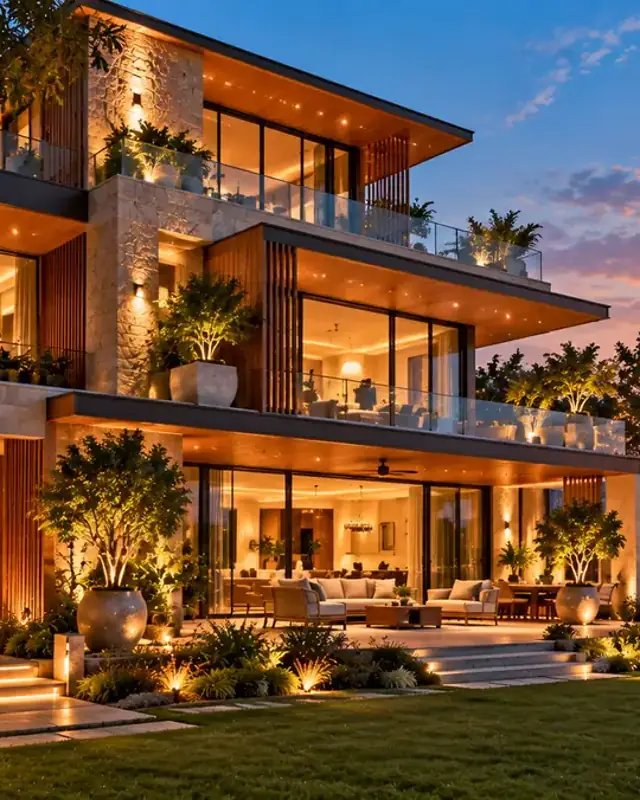 Modern three-storey lakeside residence at twilight