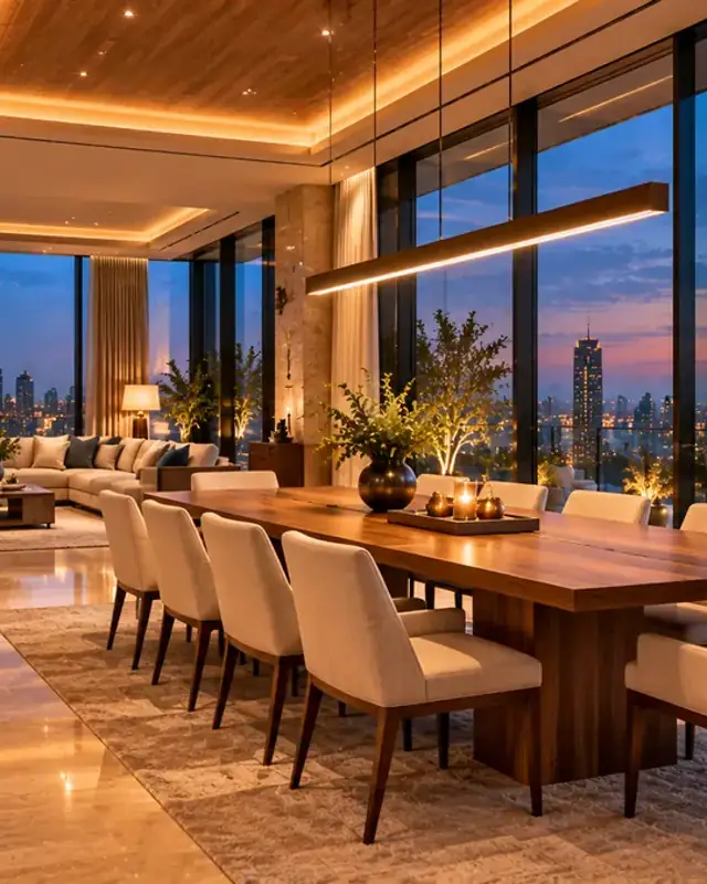 Penthouse dining and lounge with a walnut table and city skyline at dusk