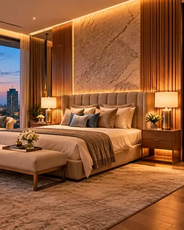 Luxury master suite with a glass-fronted wardrobe and city view at dusk