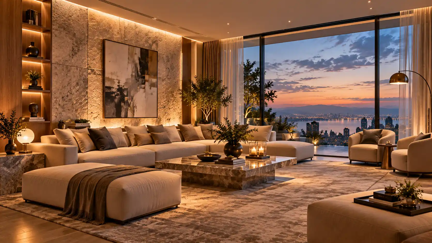 Luxury living room with a stone feature wall, cream sectional sofa and city view at sunset