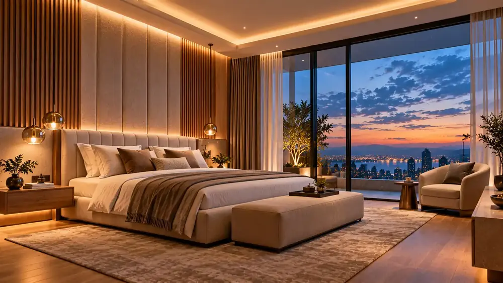 Luxury bedroom with oak slat panelling and a sunset city view