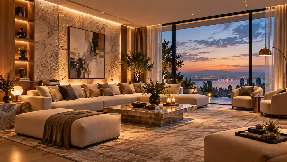 Luxury living room with a stone feature wall at sunset