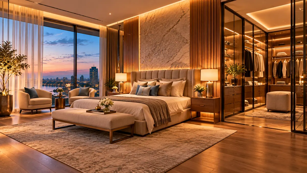 Luxury master suite with a glass-fronted wardrobe and city view at dusk