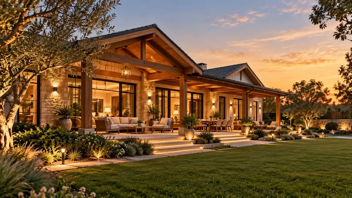 Modern farmhouse bungalow with a covered veranda at sunset
