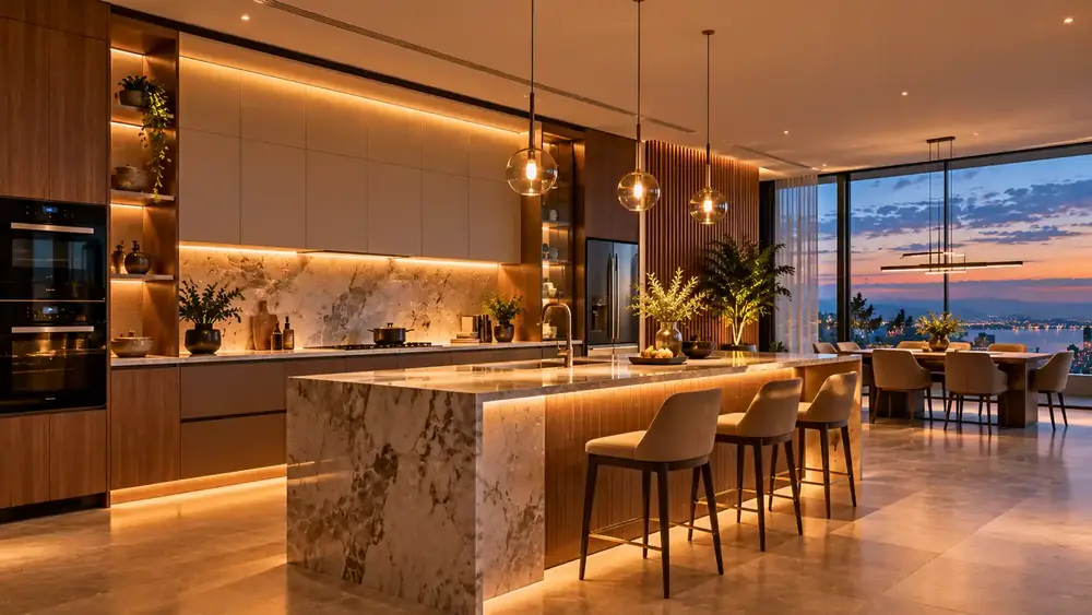 Modern luxury kitchen with a marble island at dusk