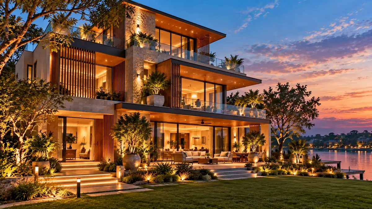Modern three-storey lakeside residence at twilight