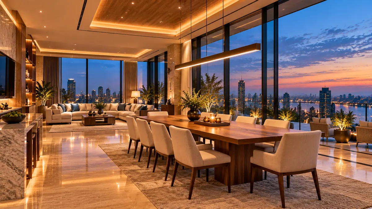 Penthouse dining and lounge with a walnut table and city skyline at dusk