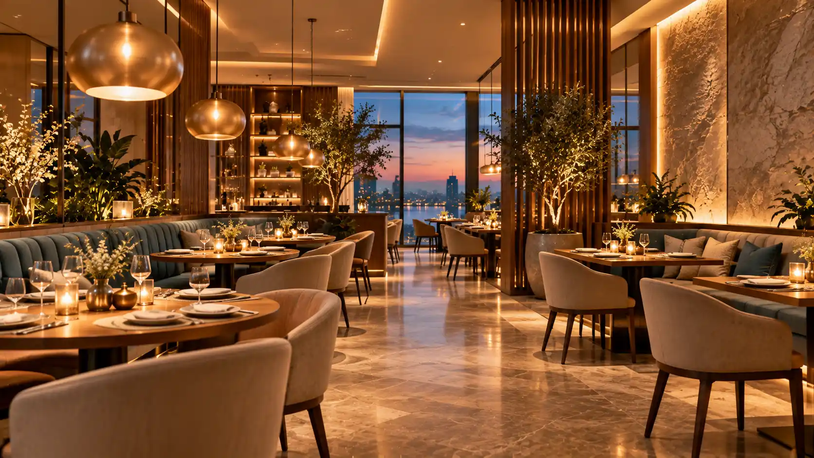 Restaurant dining room with pendant lights, banquette seating and a city view at sunset