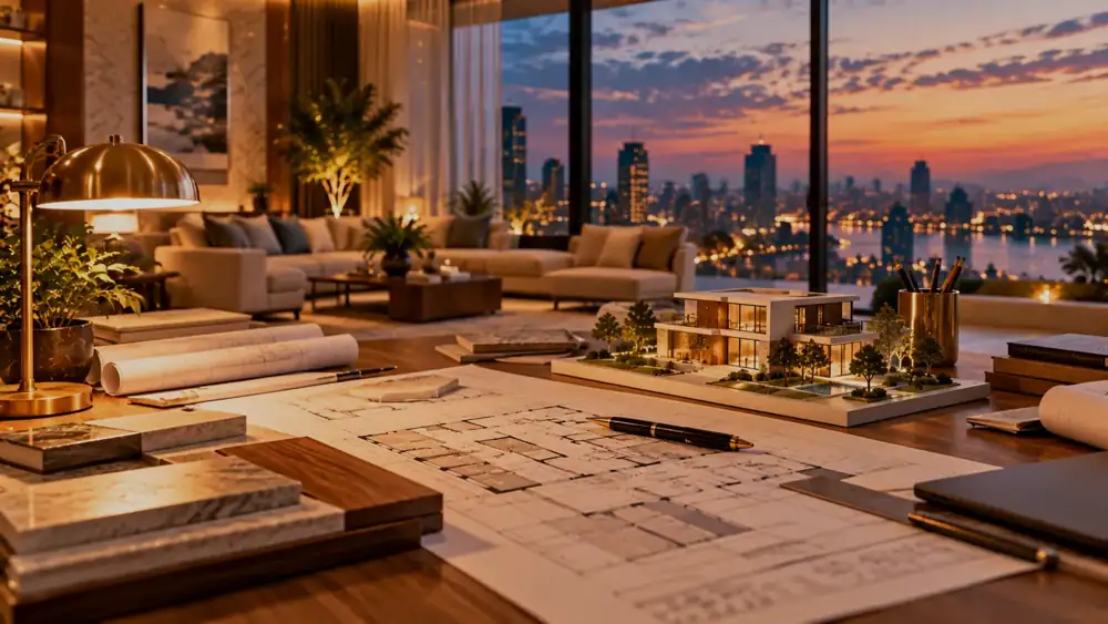Architect's desk with floor plans, a scale model and a sunset city view