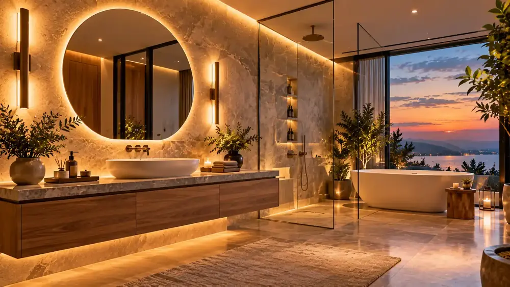 Spa-style wash room with a backlit round mirror and freestanding tub