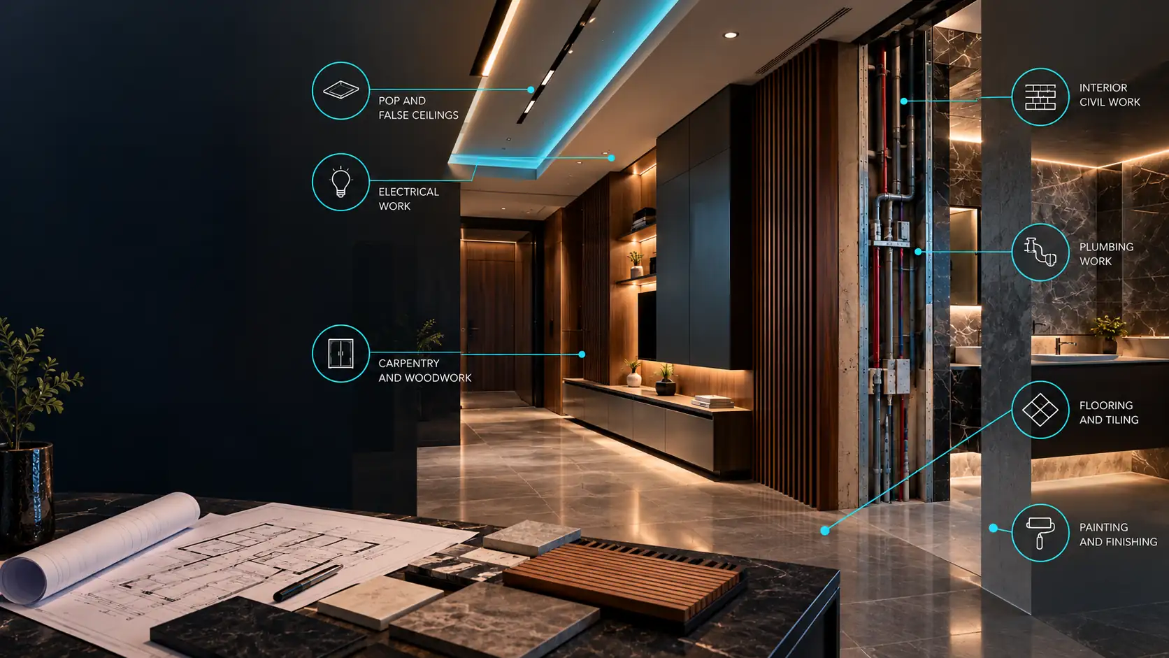 Interior execution trades shown on a finished apartment: POP and false ceilings, electrical work, carpentry and woodwork, interior civil work, plumbing work, flooring and tiling, and painting and finishing