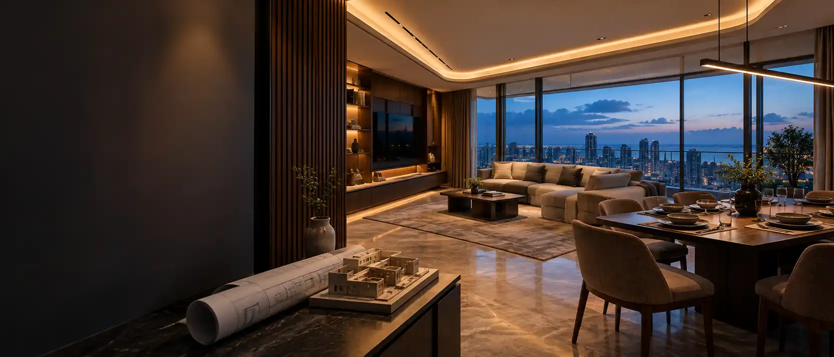 Finished luxury apartment living and dining space at dusk with a city view, architectural drawings and a scale model